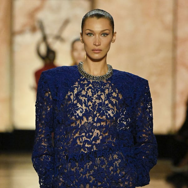 Bella Hadid walks the runway during the Saint Laurent Ready to Wear Fall/Winter 2025-2026 fashion sh...