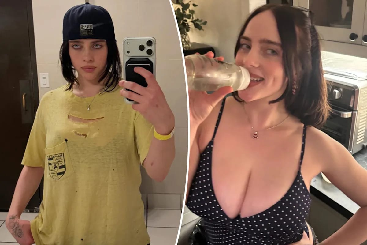 Billie Eilish trades baggy clothes for a plunging polka-dot tank top