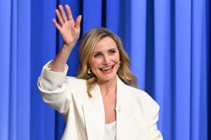 Cameron Diaz Zhuzhes Up a White Suit With Bright Red Heels