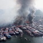 Drone footage shows huge Malaysian coastal village fire