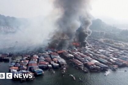 Drone footage shows huge Malaysian coastal village fire
